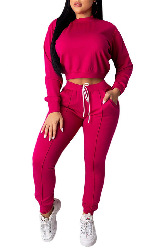 Women Solid Color 2 Piece Outfits Set, Long Sleeve Crew Neck Top and Long Pants Tracksuit Sportswear Sweatsuit